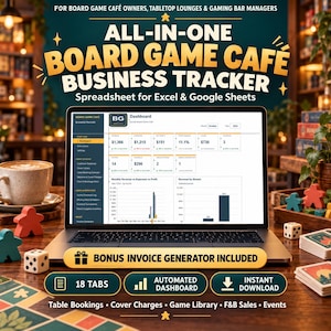 Op de afbeelding: Een digitaal business tracker-spreadsheet voor Excel en Google Sheets op een laptopscherm, getiteld All-in-One Board Game Cafe Business Tracker. De interface toont een dashboard met financiële statistieken, grafieken en een factuurgenerator.