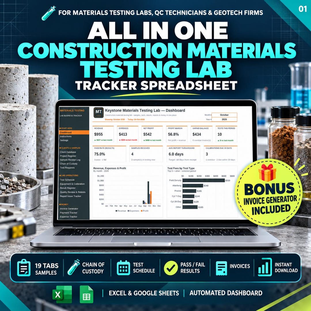 Materials Testing Lab Tracker Excel Google Sheets, Concrete Cylinder ...