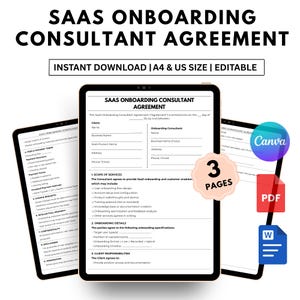 Op de afbeelding: Een digitale SaaS Onboarding Consultant Agreement-sjabloon weergegeven op drie tablets. Het document bevat secties voor klant- en consultantgegevens, reikwijdte van diensten, onboarding-details en klantverantwoordelijkheden. De sjabloon is beschikbaar in A4- en US-formaten en is bewerkbaar.