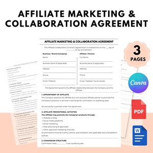 May include: Affiliate Marketing & Collaboration Agreement template. The document includes sections for business and affiliate information, promotional activities, and commission structure. The design includes a "3 Pages" graphic, a Canva logo, and PDF and Word document icons.