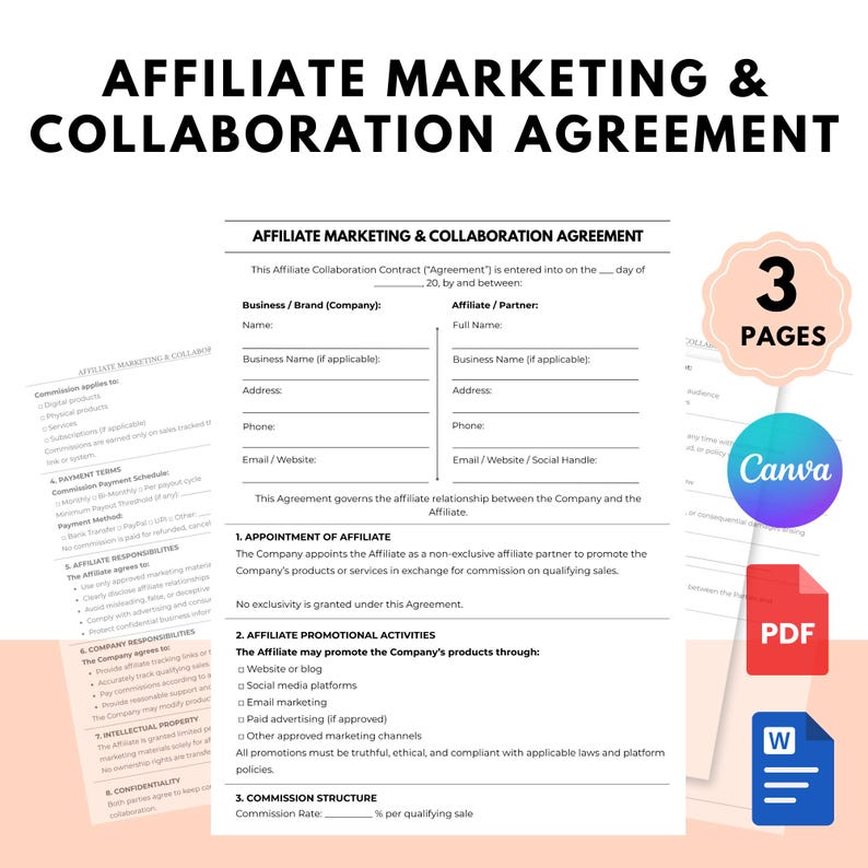 May include: Affiliate Marketing & Collaboration Agreement template. The document includes sections for business and affiliate information, promotional activities, and commission structure. The design includes a "3 Pages" graphic, a Canva logo, and PDF and Word document icons.