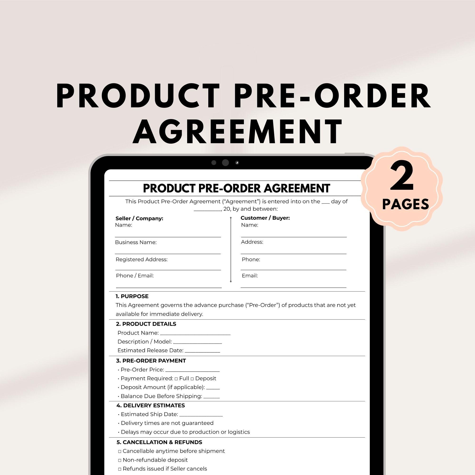 Editable Product Pre-order Agreement Template Preorder Contract (PDF ...