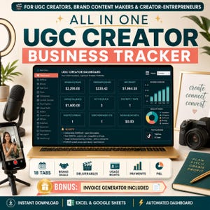 May include: A digital UGC Creator Business Tracker displayed on a laptop screen, featuring a dashboard with revenue, expenses, and profit metrics. The interface includes tabs for brand deals, deliverables, and payments, with a bonus invoice generator.