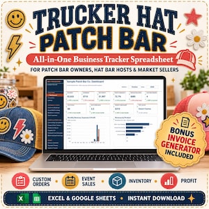 Trucker Hat Patch Bar Business Tracker | Custom Order, Pop Up Event Sales, Patch & Blank Hat Inventory Spreadsheet | Excel Google Sheets