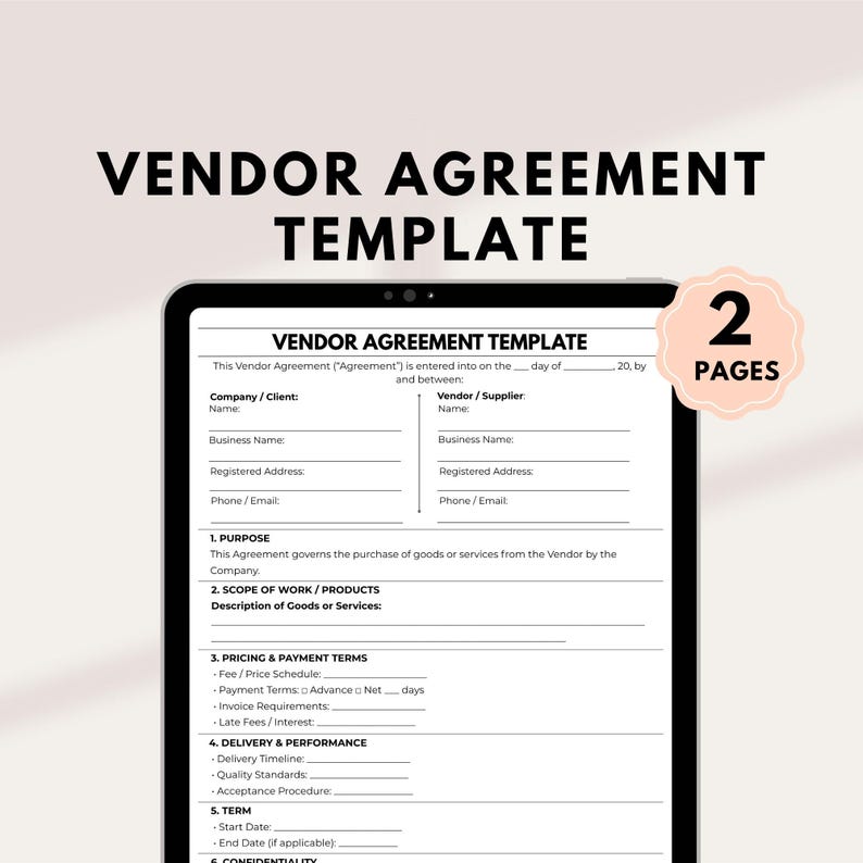 Editable Vendor Agreement Template | Supplier Service Contract | PDF ...