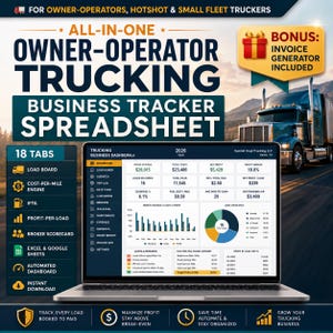 Könnte beinhalten: Eine All-in-One-Tabellenkalkulation zur Verfolgung von LKW-Unternehmen für Eigentümer-Betreiber, die auf einem Laptop-Bildschirm angezeigt wird. Das Dashboard zeigt Finanzkennzahlen, Ladungsstatus und Umsatzdiagramme.
