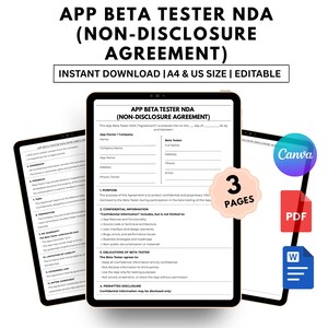 May include: Digital document titled "APP BETA TESTER NDA (NON-DISCLOSURE AGREEMENT)" available for instant download. The document is displayed on three tablets, with icons for Canva, PDF, and Word. The document is editable and available in A4 and US sizes.
