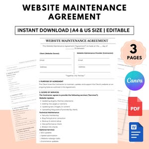 May include: A digital document labelled "WEBSITE MAINTENANCE AGREEMENT" with the text "INSTANT DOWNLOAD | A4 & US SIZE | EDITABLE". The document includes sections for client and provider details, scope of services, and optional services. Icons for Canva, PDF, and Word are also present.