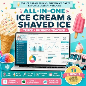 Puede incluir: Un rastreador de negocios digital para camiones de helados y carritos de granizados en una pantalla de portátil. La interfaz muestra un panel con gráficos de ingresos, gastos y beneficios, junto a ilustraciones de helados y un camión.