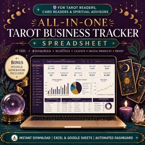 Tarot Reader Business Tracker Spreadsheet | Excel Google Sheets Booking Reading Log Client Invoice Dashboard | Tarot Card Reading Planner