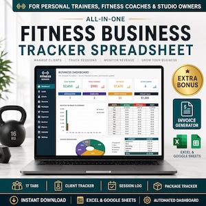 May include: A laptop displaying a fitness business tracker spreadsheet with a dashboard showing revenue, expenses, and client data. The screen features charts, tables, and navigation tabs. A black 16 kg kettlebell sits to the left of the laptop.