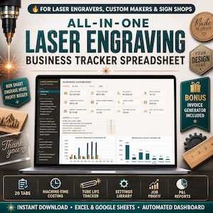 May include: A digital business tracker spreadsheet for laser engravers displayed on a laptop screen. The interface shows a dashboard with revenue, profit, and expense metrics, alongside charts, alerts, and a sidebar menu with 20 tabs for management.