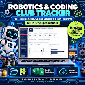 Op de afbeelding: Een digitaal Robotics & Coding Club Tracker-spreadsheet op een laptopscherm, met een dashboard voor inkomsten, uitgaven en studentengegevens. De afbeelding bevat een witte robot, 18 tabbladen en ondersteuning voor Excel en Google Sheets.