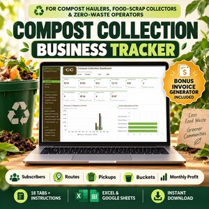 Peut inclure: Un outil numérique de suivi d'entreprise de collecte de compost affiché sur un écran d'ordinateur portable, présentant un tableau de bord avec des données sur les revenus, les dépenses et les abonnés, compatible avec Excel et Google Sheets.