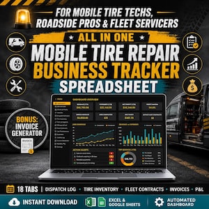 May include: A digital mobile tire repair business tracker spreadsheet displayed on a laptop screen. The dashboard features financial metrics, job overviews, and action alerts. Text includes "All in one mobile tire repair business tracker spreadsheet."