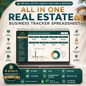 May include: A digital real estate business tracker spreadsheet displayed on a laptop screen. The dashboard features data tables for net commission, GCI, and pipeline value, alongside a bar chart for monthly revenue and a pie chart for pipeline stages.