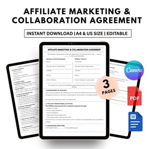 Affiliate Marketing Agreement Template | Affiliate Collaboration Contract | Editable Canva, Word & PDF.