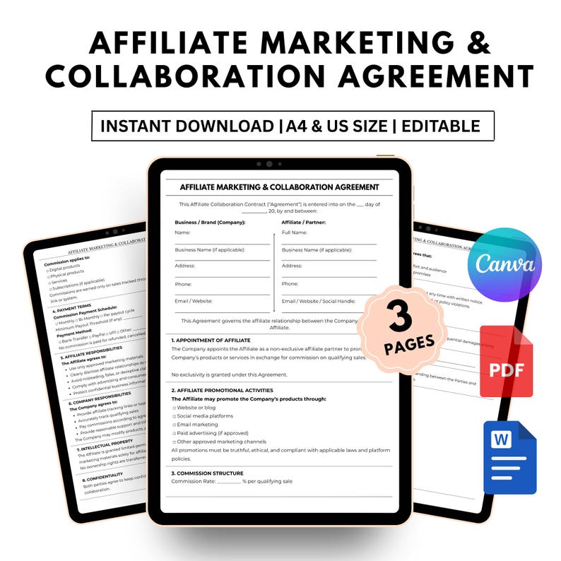 Affiliate Marketing Agreement Template | Affiliate Collaboration Contract | Editable Canva, Word & PDF.