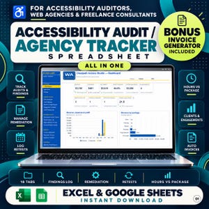 Puede incluir: Una hoja de cálculo de seguimiento de auditoría de accesibilidad para Excel y Google Sheets. La pantalla del portátil muestra un panel con métricas de ingresos, gastos, beneficios y compromisos, rodeado de iconos para auditorías, remediación y facturación.