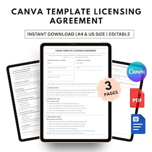 May include: A digital Canva Template Licensing Agreement displayed on three tablets. The agreement includes sections on licensing, permitted uses, and prohibited uses. The design is for instant download in A4 and US sizes, and is editable.