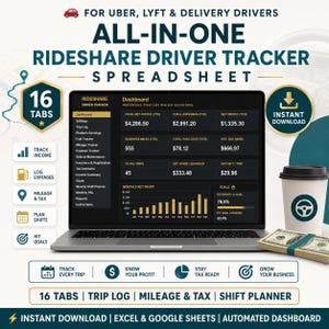 Peut inclure: Un tableur numérique de suivi pour chauffeurs de covoiturage compatible avec Excel et Google Sheets. L'interface affiche un tableau de bord avec des données financières, des journaux de trajets et des informations fiscales sur 16 onglets.
