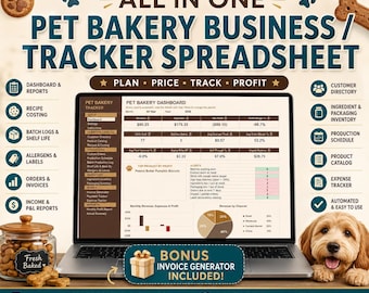 Pet Bakery Business Tracker Spreadsheet | Dog Treat Recipe Cost Calculator, Allergen Labels, Batch Log,Orders & Profit | Excel Google Sheets