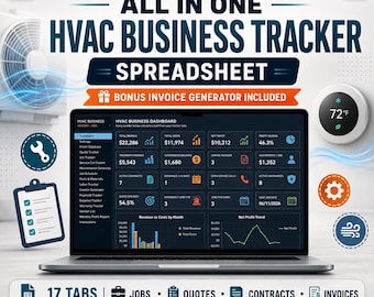 HVAC Business Tracker Spreadsheet | Job Quote Invoice Maintenance Contracts (Excel, Google Sheets)