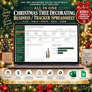 Puede incluir: Una hoja de cálculo digital en la pantalla de un portátil para un negocio de decoración de árboles de Navidad. El panel muestra métricas de ingresos, gastos y beneficios. Debajo aparecen iconos de reservas, facturas y logos de Excel y Google Sheets.