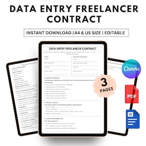 May include: A digital data entry freelancer contract template, available for instant download in A4 and US sizes. The editable document is displayed on three tablets, with icons for Canva, PDF, and Word.
