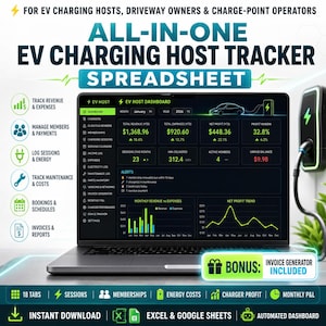 Könnte beinhalten: Eine digitale EV-Ladestations-Tracker-Tabelle auf einem Laptop-Bildschirm. Das Dashboard zeigt Finanzkennzahlen, Energieverbrauch und Sitzungsdaten. Zu den Funktionen gehören Umsatzverfolgung, Mitgliederverwaltung und ein Rechnungsgenerator.