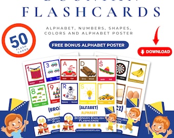Bosnian English Bilingual Flashcards Alphabet Numbers Shapes Colors Printable Preschool Learning Cards Digital Download.