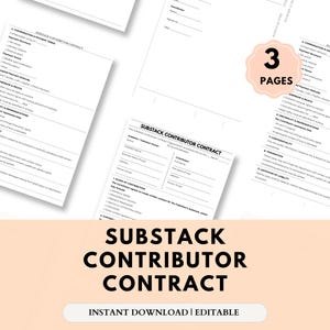 K&ouml;nnte beinhalten: Mehrere wei&szlig;e Papierdokumente mit dem Titel "SUBSTACK CONTRIBUTOR CONTRACT" in Schwarz. Die Worte "SOFORTIGER DOWNLOAD | BEARBEITBAR" stehen unten. Ein rosa Kreis mit "3 PAGES" befindet sich oben rechts.
