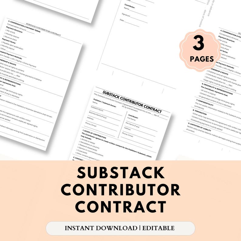 K&ouml;nnte beinhalten: Mehrere wei&szlig;e Papierdokumente mit dem Titel "SUBSTACK CONTRIBUTOR CONTRACT" in Schwarz. Die Worte "SOFORTIGER DOWNLOAD | BEARBEITBAR" stehen unten. Ein rosa Kreis mit "3 PAGES" befindet sich oben rechts.