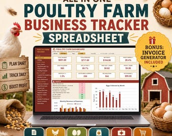 May include: A laptop screen displaying an all-in-one poultry farm business tracker spreadsheet. The interface shows a dashboard with revenue, expenses, profit, and egg production data. Text includes FOR POULTRY FARMERS, EGG SELLERS & BACKYARD FLOCK KEEPERS, POULTRY FARM BUSINESS TRACKER SPREADSHEET, and BONUS: INVOICE GENERATOR INCLUDED.
