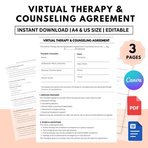 Puede incluir: Descarga digital de un Acuerdo de Terapia y Asesoramiento Virtual, disponible en tamaños A4 y US. El documento editable incluye secciones para información del terapeuta y del cliente, servicios y limitaciones. Incluye archivos Canva, PDF y Word.