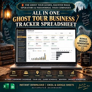 May include: A digital ghost tour business tracker spreadsheet displayed on a laptop screen. The dashboard shows revenue, expenses, and profit metrics. The interface includes tabs for bookings, guests, tours, waivers, invoices, and profits for tour operators.