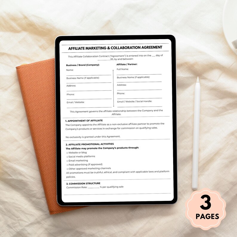 May include: A digital tablet displaying an affiliate marketing and collaboration agreement. The document includes sections for business and affiliate information, promotional activities, and commission structure. A stylus and a notepad are also visible.