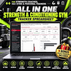 Op de afbeelding: Een laptop met een alles-in-één dashboard voor het bijhouden van een sportschool in een spreadsheet. Het scherm toont financiële statistieken zoals omzet, uitgaven en winst. Een ronde badge geeft aan dat er een bonus factuurgenerator is inbegrepen.