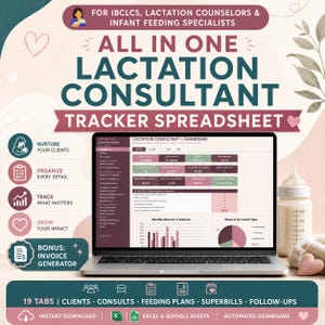 May include: A digital lactation consultant tracker spreadsheet displayed on a laptop screen. The interface features a dashboard with data charts, revenue metrics, and client management tabs. The design uses a palette of dark teal, soft pink, and white.