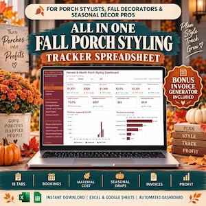 Puede incluir: Una hoja de cálculo digital mostrada en la pantalla de una computadora portátil titulada All In One Fall Porch Styling Tracker Spreadsheet. El panel muestra datos financieros que incluyen ingresos, gastos, beneficio neto y gráficos para la gestión de negocios de decoración.