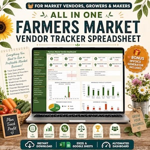 May include: A digital farmers market vendor tracker spreadsheet displayed on a laptop screen. The interface features a dashboard with revenue, profit, and market ranking metrics, alongside charts for monthly earnings and expenses by category.