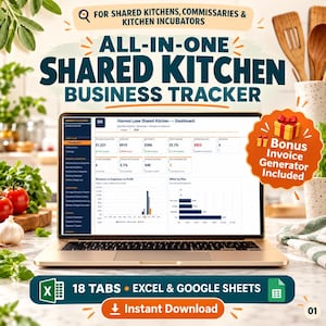 Könnte beinhalten: Ein digitales Business-Tracking-Tool für Gemeinschaftsküchen auf einem Laptop-Bildschirm. Die Benutzeroberfläche zeigt Finanz-Dashboards, Umsatz- und Gewinnübersichten. Enthält einen Rechnungsgenerator, 18 Excel- und Google Sheets-Tabellen.