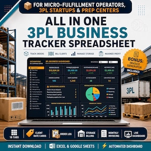 3PL Business Tracker Spreadsheet | Order Fulfillment, Client Billing & Storage Fees | Excel Google Sheets | Warehouse Prep Center Template