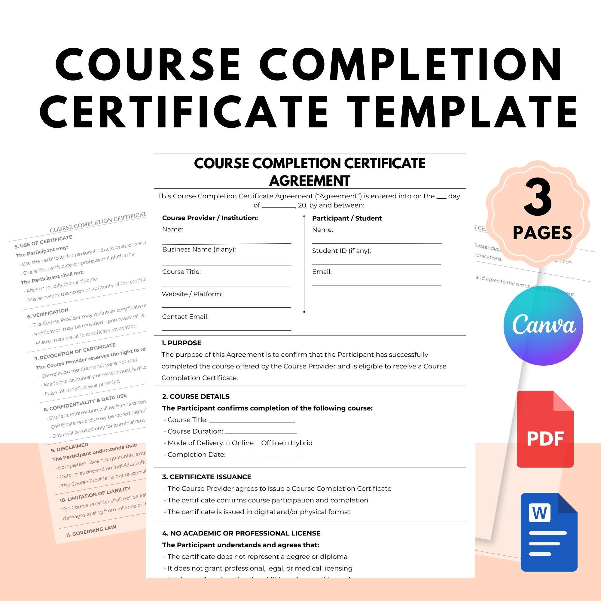 Editable Course Completion Certificate Template | Training Certificate ...