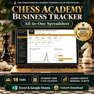 Può includere: Un computer portatile che mostra un foglio di calcolo Chess Academy Business Tracker con dati finanziari, grafici dei ricavi e metriche degli studenti. Lo schermo mostra una dashboard con schede per studenti, lezioni e progressi.