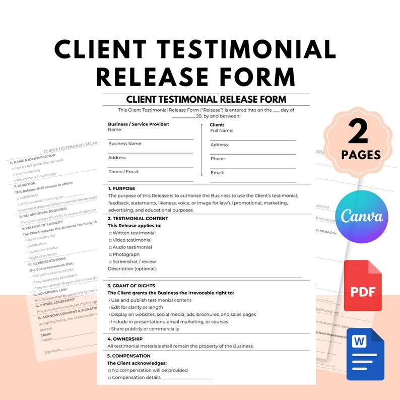 Client Rights Form Template Editable Client Testimonial Release Form Marketing Consent Template PDF ...