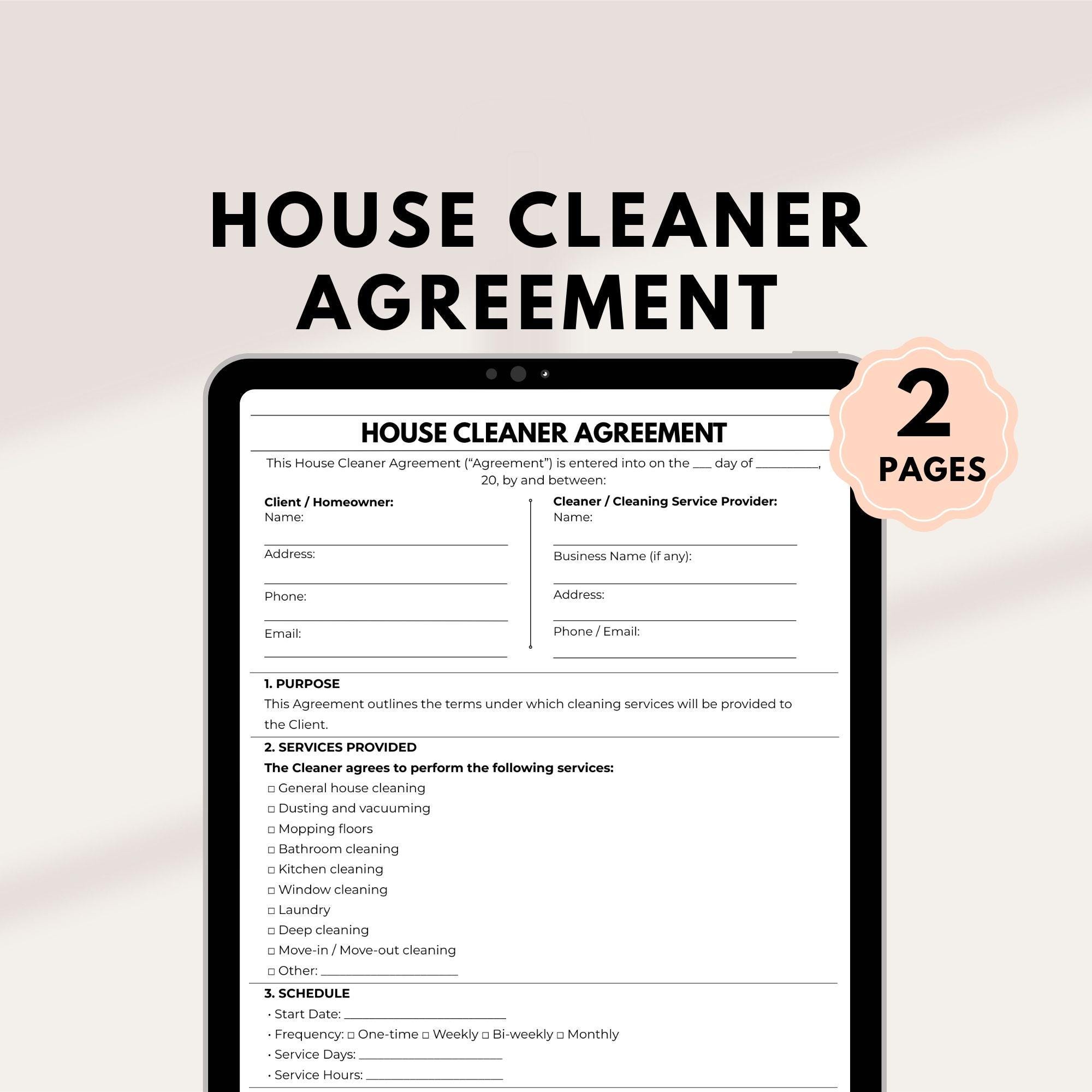 Editable House Cleaner Agreement | House Cleaning Service Contract ...