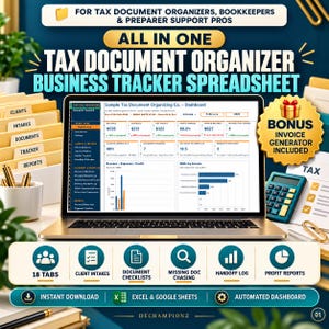 Könnte beinhalten: Eine digitale Steuerdokumenten-Organisation und Business-Tracker-Tabelle auf einem Laptop-Bildschirm. Die Benutzeroberfläche zeigt Finanz-Dashboards, Einnahmen, Ausgaben und Gewinnkennzahlen. Enthält einen Bonus-Rechnungsgenerator und 18 Reiter.