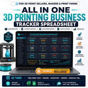 3D Printing Business Tracker Spreadsheet | Filament Cost & Print Pricing Calculator | Inventory + Order Tracker | Excel Google Sheets