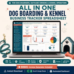 May include: A laptop displaying an all-in-one dog boarding and kennel business tracker spreadsheet dashboard. The screen shows financial metrics, charts, and service categories. A teal leash and a miniature dog house are placed on the sides.